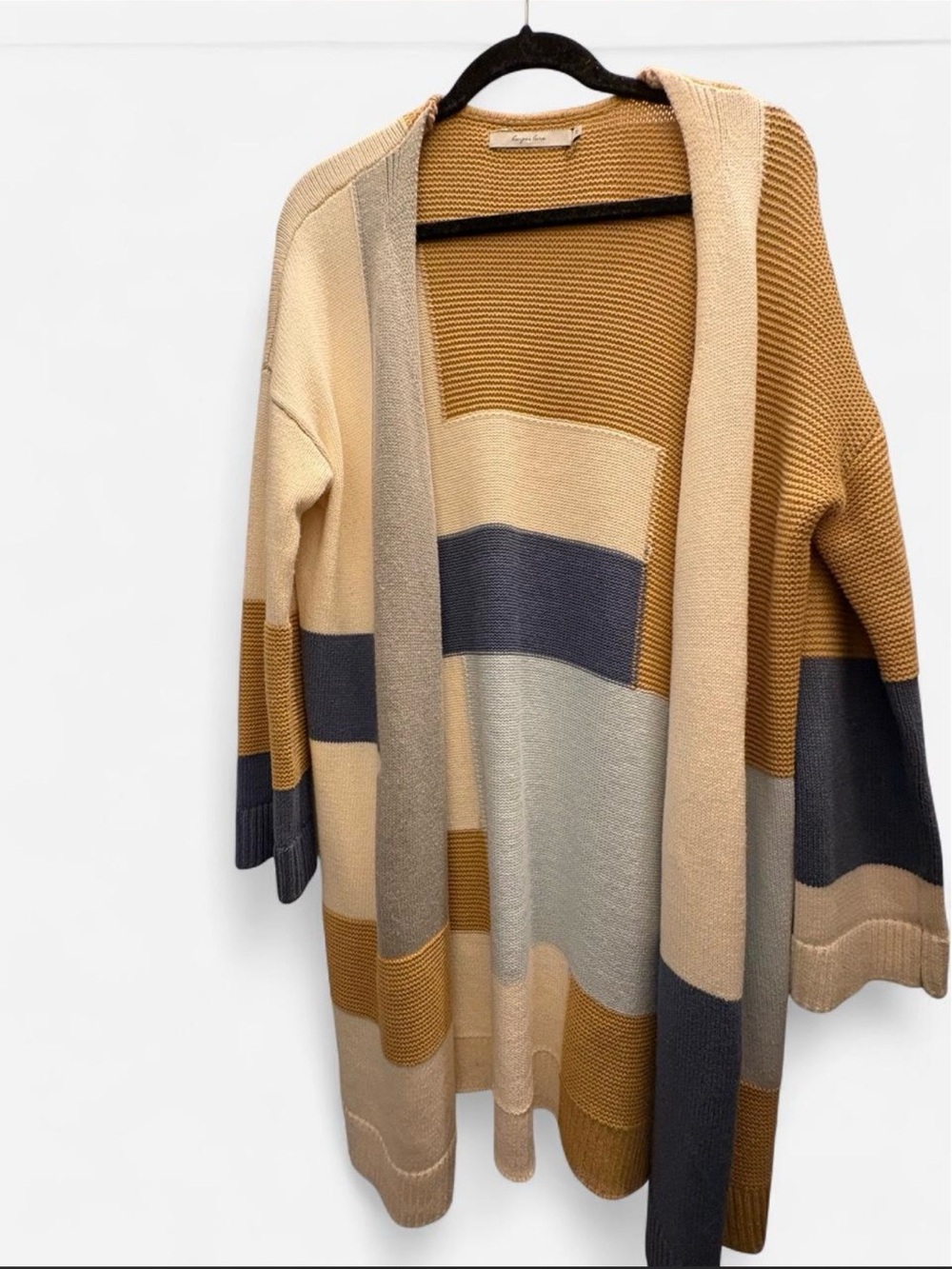 Harper Colorblock Open-Front Cardigan in Beige, Gray & Tan